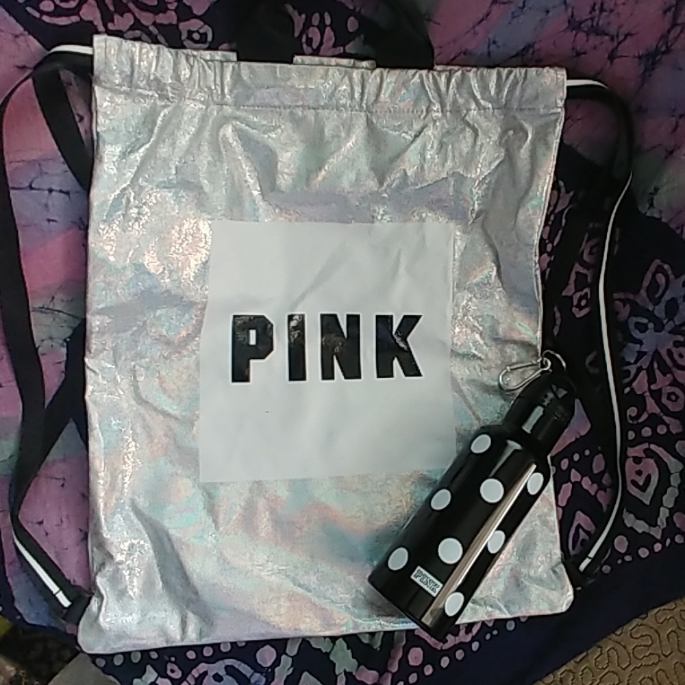 VS PINK Iridescent Drawstring Bag and Water Bottle